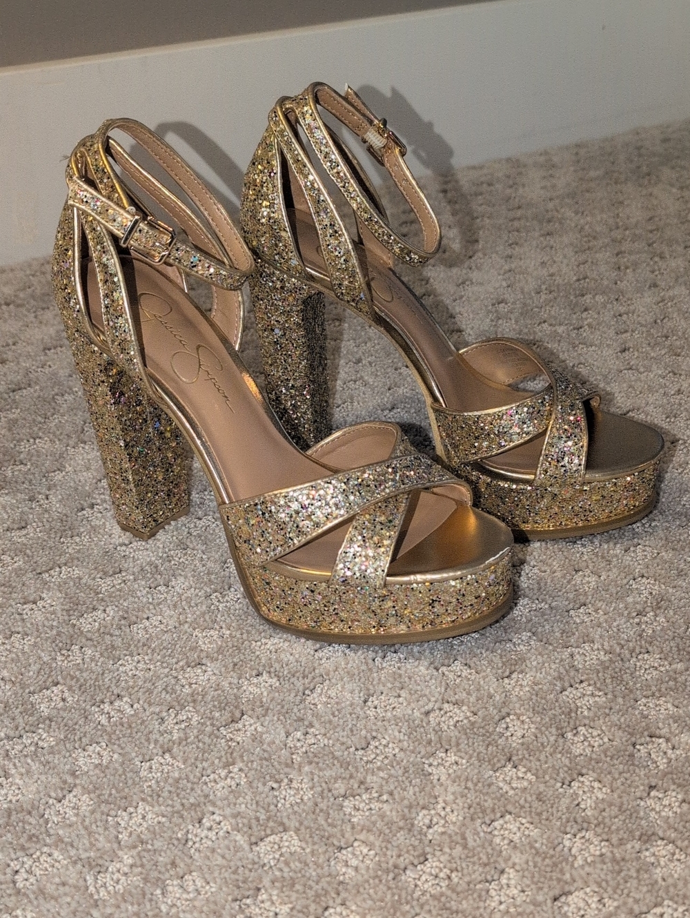 Jessica Simpson Gavynne Ankle Strap Platform Sandal Chunky Gold Glitter